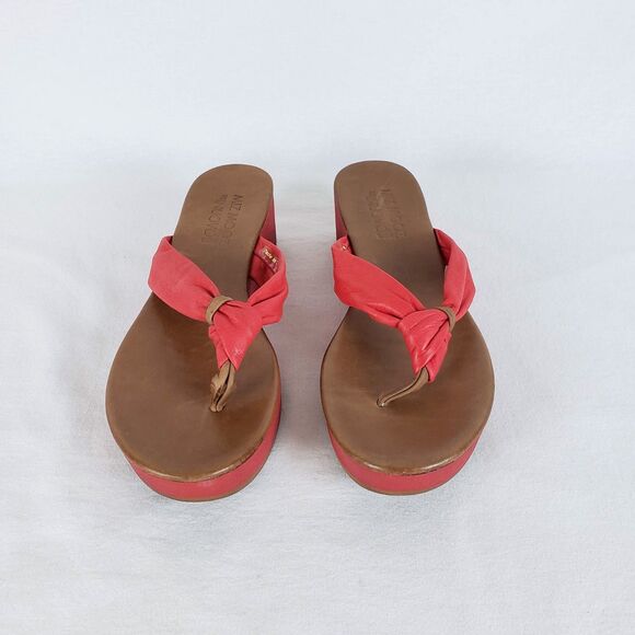 Miz Mooz Leather Thong Sandals Platform Wedge Womens 40 Red-Orange Boho Resort - Picture 2 of 10